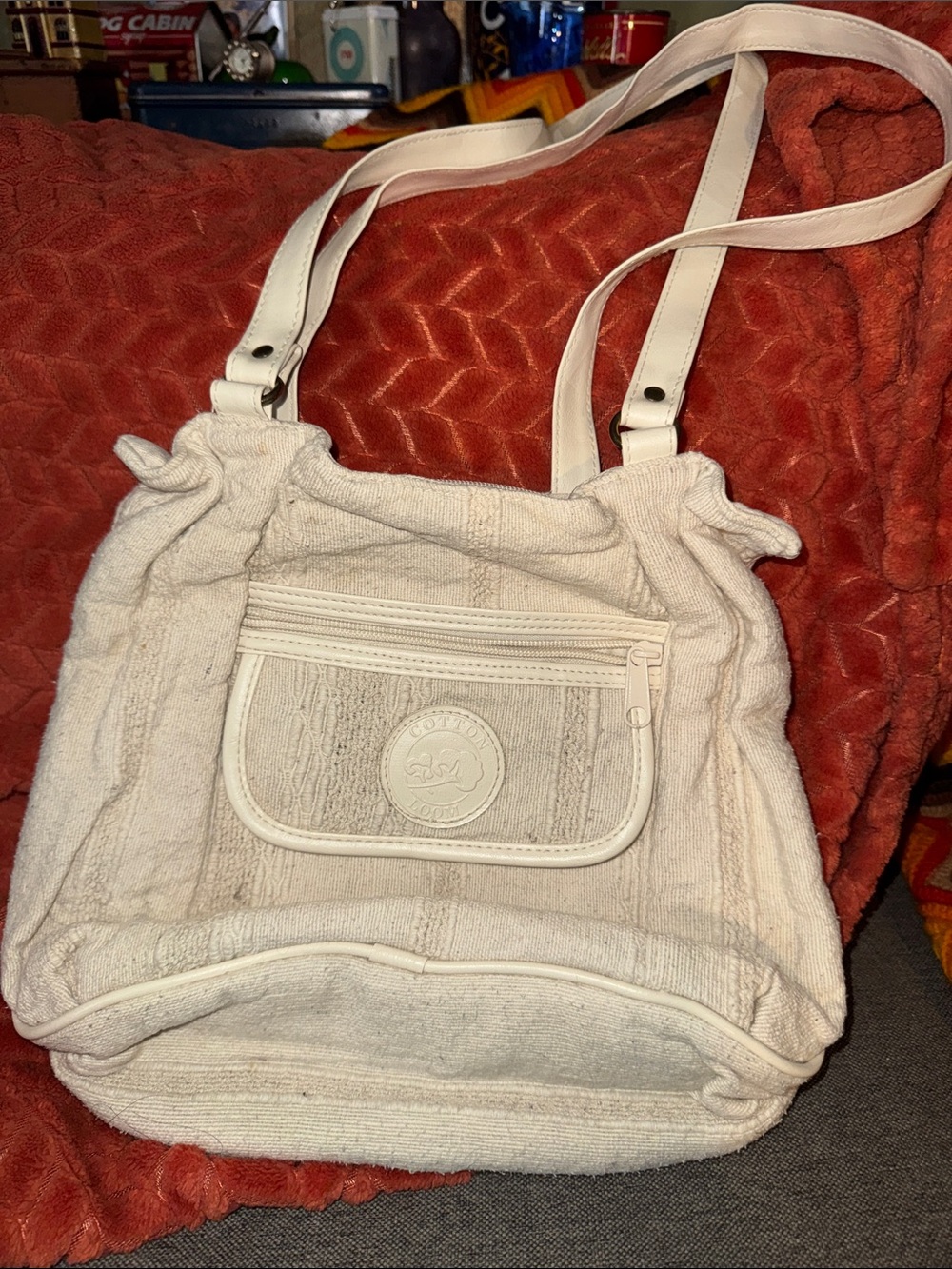 Retro 90s Cotton Ginny Off-White Boho Shoulder Bag with Front ZipKey :